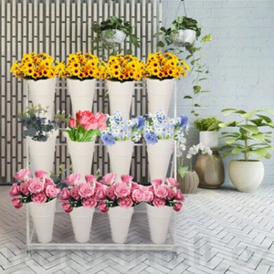 3 Layers Flower Shop Metal Flower Display Stand 12Pots Plant Bucket Shelf White - Picture 1 of 12