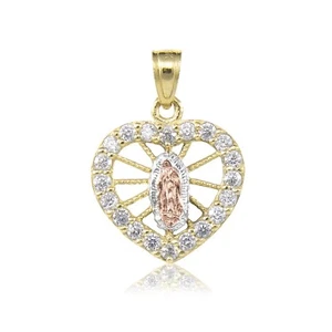 Colgante Virgen María Corazón Circonita cúbica Oro Amarillo Blanco Sólido 14K - Collar Dije - Imagen 1 de 3