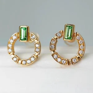 Circle Modeling Tsavorite Natural Diamond Women Earrings Stud 14K Yellow Gold - Picture 1 of 6
