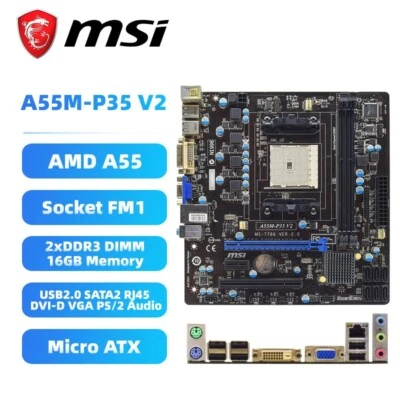 FM1 Motherboard M-ATX MSI A55M-P35 V2 AMD A55 DDR3 SATA2 DVI-D VGA Audio PS/2 - Image 1 of 4