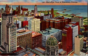 Cartolina d'epoca C. 1940 vista occhio d'uccellino centro Chicago tramonto tetto IL - Foto 1 di 2