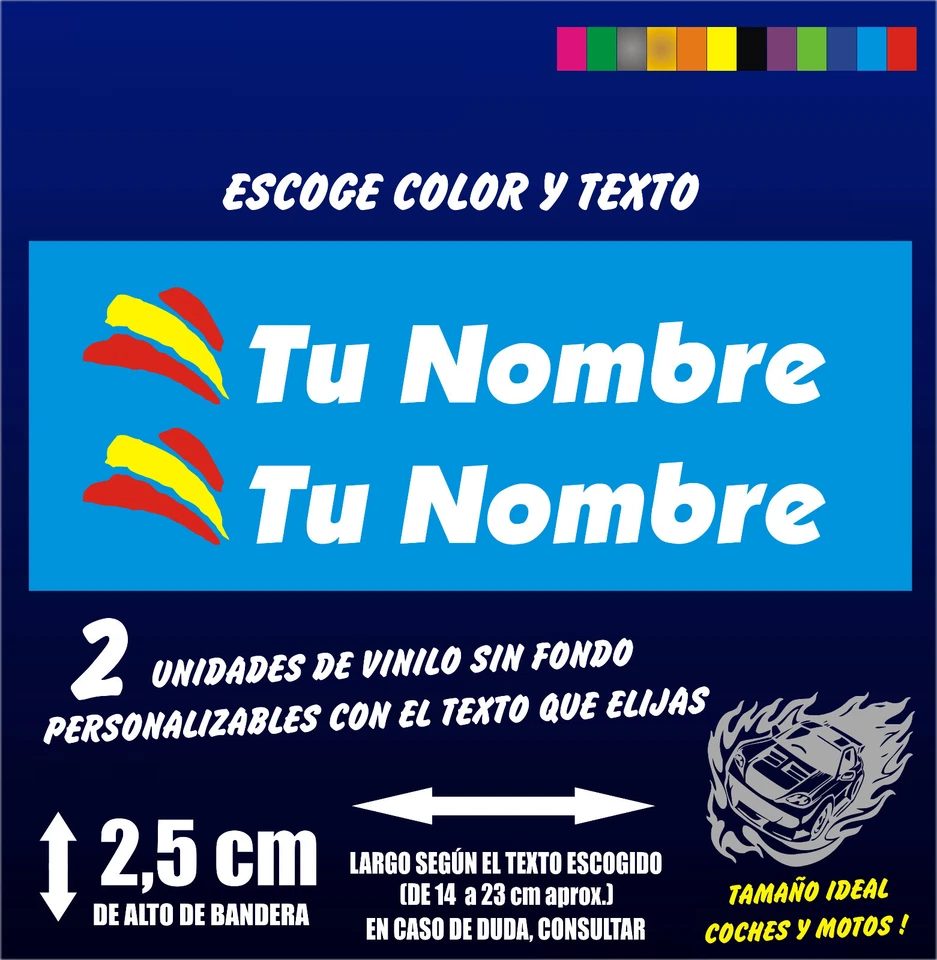 2 PEGATINAS PERSONALIZABLES - BANDERA ESPAÑA CON NOMBRE - COCHE - MOTO - RALLY