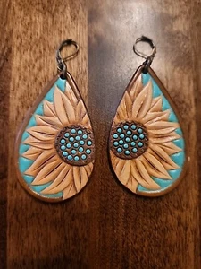 GENUINE Leather Teardrop Drop Earrings Brown Western Sunflower Design Handmade - Picture 1 of 4