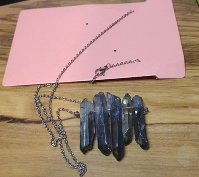 Sterling Silver Plated Chain Blue Dyed Quartz Crystal Points Pendant Necklace - Image 1 of 4
