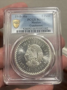 1948 Mo Mexico Cuathemoc 5 Pesos PCGS MS-64 Mirror Like Surface - Picture 1 of 6