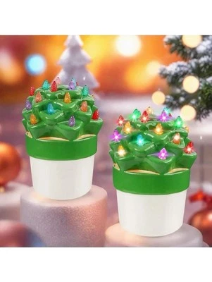 2 Pcs Ceramic Christmas Cactus Xmas Tree w/Multicolor Lights 6” NIB - Image 1 of 4