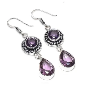 Purple Amethyst Gemstone Handmade 925 Sterling Silver Jewelry Earring Size 2'' - Picture 1 of 1