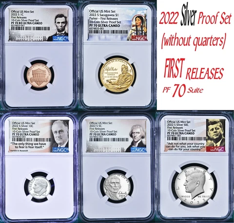 2022 US Mint 5 Coin Silver Proof SET Dime Cent Nickel $1 50c NGC PF70 FR Cover