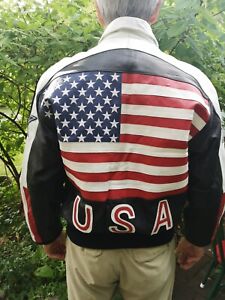 Vintage Genuine Leather Jacket Men's M USA American Flag Bomber Moto Racing