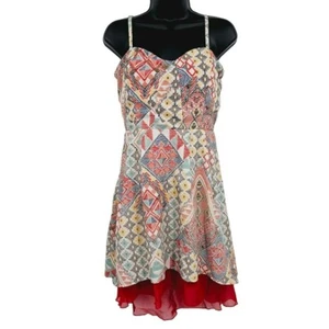 As U Wish Dress M Colorful Tribal Print Strappy Layered High Low Ruffle Smocked - Picture 1 of 13