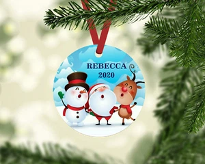 SANTA REINDEER SNOWMAN PERSONALIZED NAME YEAR 2020 METAL CHRISTMAS TREE ORNAMENT - Picture 1 of 1