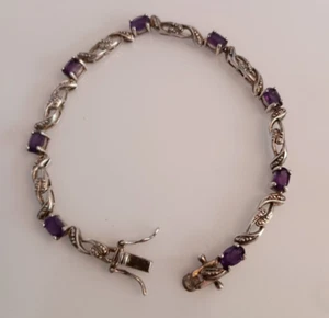 Purple Amethyst Glass Stone Bracelet 7.5 Inches Silver Tone Pre-owned - Picture 1 of 3