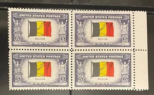 UNITED STATES stamps block of 4 5 cent Belgium Flag 1943 MNH - Foto 1 di 1