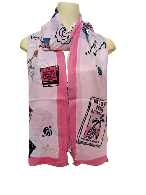 Kate Spade New York Travel Scrapbook oblong scarf 100% Viscose 30”X80” Pink New - Image 1 of 4