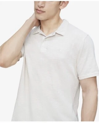 Calvin Klein Jeans Men's Monogram Logo Slub Polo Shirt Silver Birch Beige Size L - Image 1 of 2