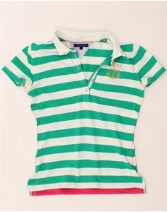 TOMMY HILFIGER Womens Polo Shirt UK 10 Small Green Striped Cotton BM10 - Picture 1 of 3
