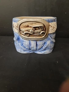 Vintage 70er Übertopf Blumengefäß BlueJeans Gürtelschnalle altes Auto  - Bild 1 von 10