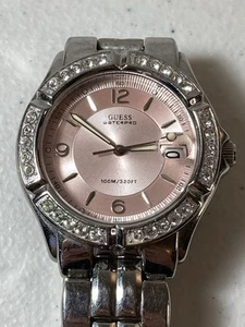 Guess - Women’s Waterpro Silver Tone Pink Face Rhinestone Watch UNTESTED - Picture 1 of 14
