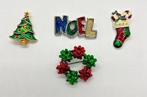Vintage Christmas Brooch Lot - Tree Stocking Wreath Enamel Noel Pin Collection - Picture 1 of 14