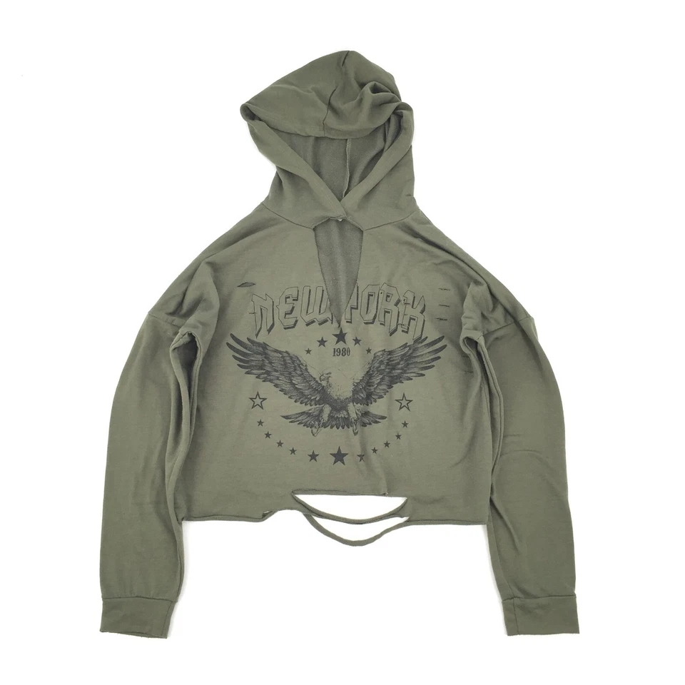 Sudadera con Capucha Recortada Manga Larga Estampado Águila Charlotte Russe Nueva York S Verde Rasgado Foto 1 de 4