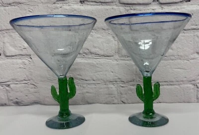 Vasos de margarita de cactus soplados a mano mexicanos borde azul vidrio burbuja pesado rústico 2 Foto 1 de 4