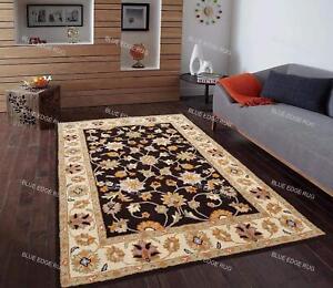 Art Deco Indian Area Rugs 8 x 10 Feet Black Bordered Hand Tufted Wool Carpet