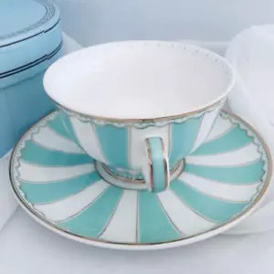 CUP AND SAUCER SET TURQUOISE & WHITE STRIPE WITH GOLD ETCHING - Picture 1 of 3