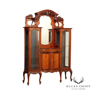 Antique Edwardian Mahogany Carved and Inlaid Double Display Etagere Cabinet - Image 1 of 4