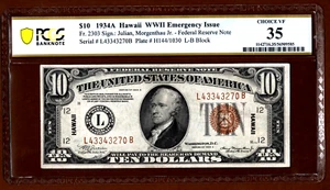 1934 A 10 $ 🌴HAWAII OVERPRINT 🌴 WWII NOTAUSGABE 🌴 PCGS 35 - Bild 1 von 5
