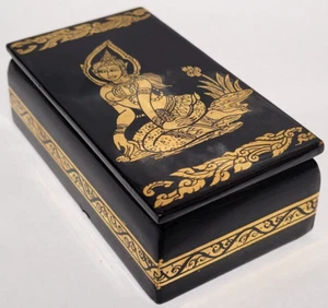 Vintage Black Lacquer Box Decorated with Goddess Ganga - Picture 1 of 6