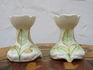 Pair of Bellleek Green & Brown Leaf Spill Vases Candle Holders (6th Green Mark) - Picture 1 of 6