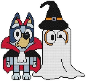 CROSS STITCH+ CRAFT PATTERN Bluey Bingo Dog Sisters Halloween Vampire Ghost Hat - Picture 1 of 16