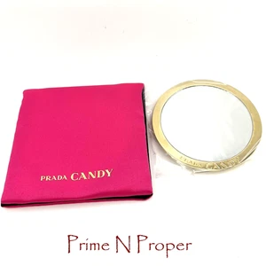 PRADA CANDY Black & Gold Mirror W/ Pink Satin Pouch 2.5" Diameter - Picture 1 of 4