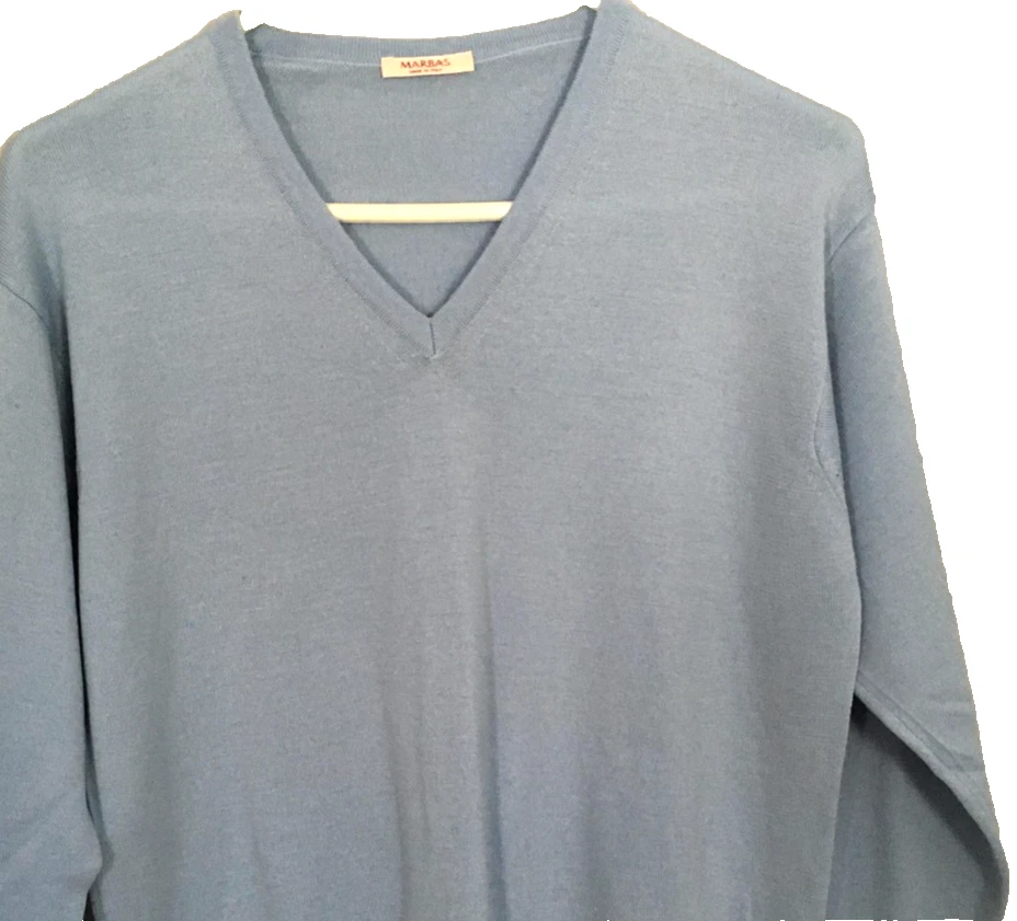 Marbas Sweater Mens Medium Light Blue V-Neck Merino Wool Woolmark Made in Italy - Image 1 of 4