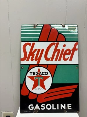 Placa bomba letrero porcelana gasolina Texaco Sky Chief vintage Foto 1 de 2