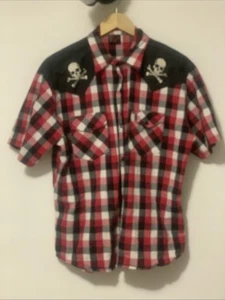 Rock Steady Embroidered Skull Check Shirt Size L – Punk Rockabilly Button Up - Picture 1 of 3