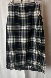 Vintage Glenisla Tartan Plaid Kilt Blue White Green Leather Buckle Pin Sz14 - Picture 1 of 8
