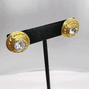 Swarovski Clear Round Large Stud Earrings Gold Tone Swan Unworn Heavy - Picture 1 of 6