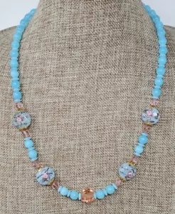 Vintage Murano Blau Opalglas Halskette Hochzeitstorte Station Perlenstrang - Bild 1 von 6