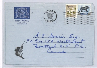 KENYA UGANDA MIXED FRANKING AIR LETTER Illustrated FLYING FISH 1969 Canada ZN255 - Image 1 of 4