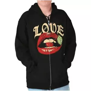 Vintage Retro Love Kiss Lips Biting Cherry Sweatshirt Zip Up Hoodie Men Women - Picture 1 of 7
