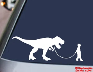 BOY WALKING A TYRANNOSAURUS REX Vinyl Decal Sticker Car Rear Window Bumper TREX - Picture 1 of 6
