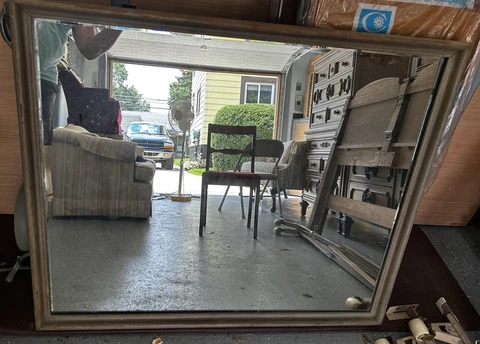 Vintage 37”x45” Beveled Wall Mirror & Wood Frame Cover