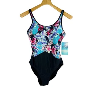 Traje de baño de una pieza negro floral tropical para fiesta de playa nuevo con etiquetas para mujer talla 10 precio de venta sugerido por el fabricante 86 USD - Imagen 1 de 10