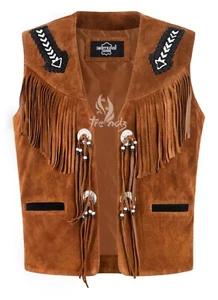 Chaleco vaquero de cuero nativo americano estilo occidental para hombre gamuza tostada flecos con cuentas - Imagen 1 de 4