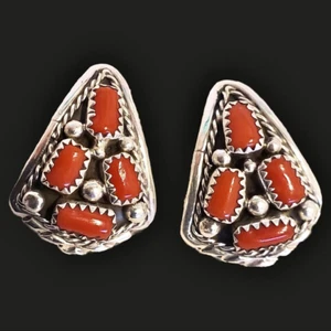 Navajo Red Coral & Sterling Silver Earrings by Melvin Chee - Picture 1 of 4