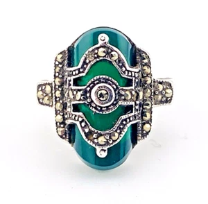 Vintage Art Deco Sterling Silver Marcasite Green Onyx Ring Sz 5.5 Unusual Design - Picture 1 of 10