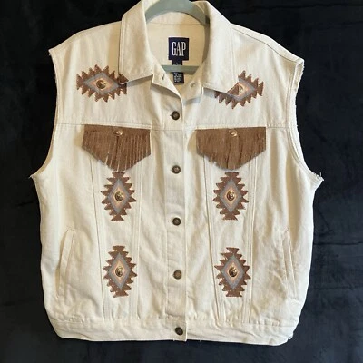 Colete Vintage Feminino Gap Western Franja Off White Bronze Marrom Tamanho G - Imagem 1 de 4