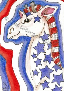 ACEO original USA Star spot giraffe Loberg Mini Art Fantasy patriotic zoo Animal - Picture 1 of 3