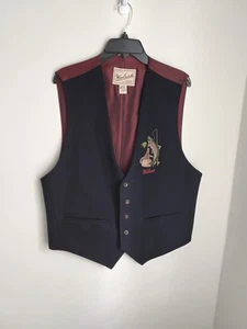 Woolrich Vintage XLarge Wool 5 Button Vest Navy Blue Embroidered Fish - Picture 1 of 10